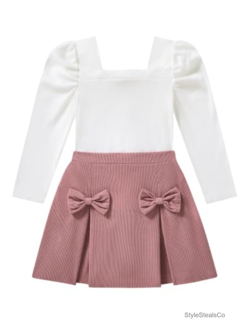 Girls 2 Piece Skirt Set Puff Sleeve Top Plaid Pleated Mini Skirt Fall Winter